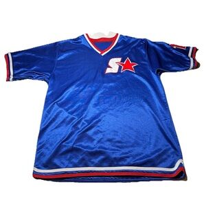 Vintage Starter #1 Jersey Shiney Blue V Neck Mens Large NO TAG-SEVERAL SNAGS